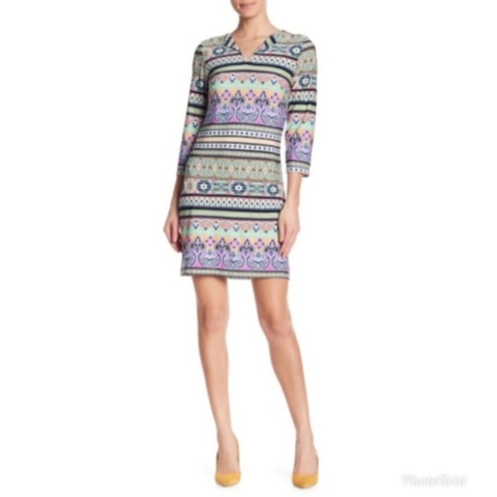 Nicole Miller Womens Purple Geo Print Elbow Sleeve Shift Dress Sz 14 New